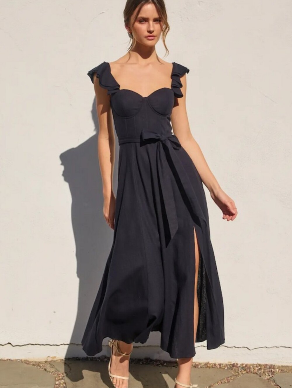 Dress Forum NWT Heaven Sent Corset Flutter Navy Bustier Midi Dress Size Large